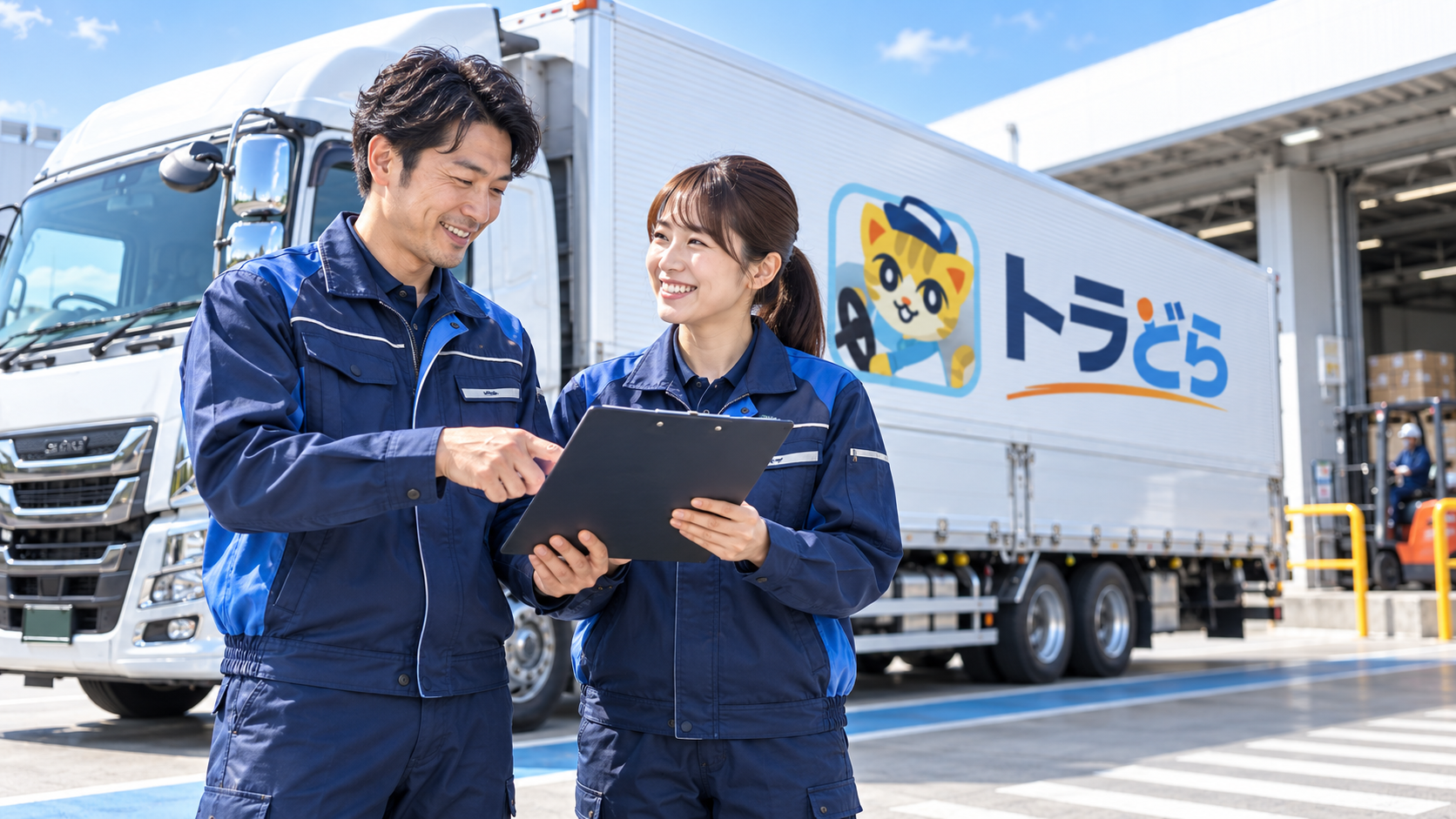 トラックの前で仕事を確認する男女のドライバーのイメージ